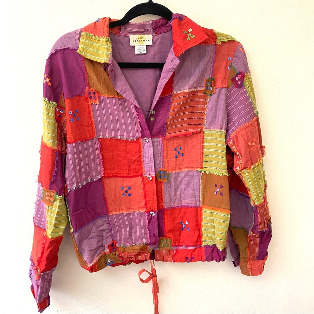 Sandy Starkman colorful patchwork button front drawstring waist shirt size M